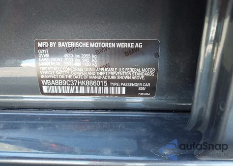 2017 BMW 330I z USA, uszkodzony, nr VIN WBA8B9C37HK886015